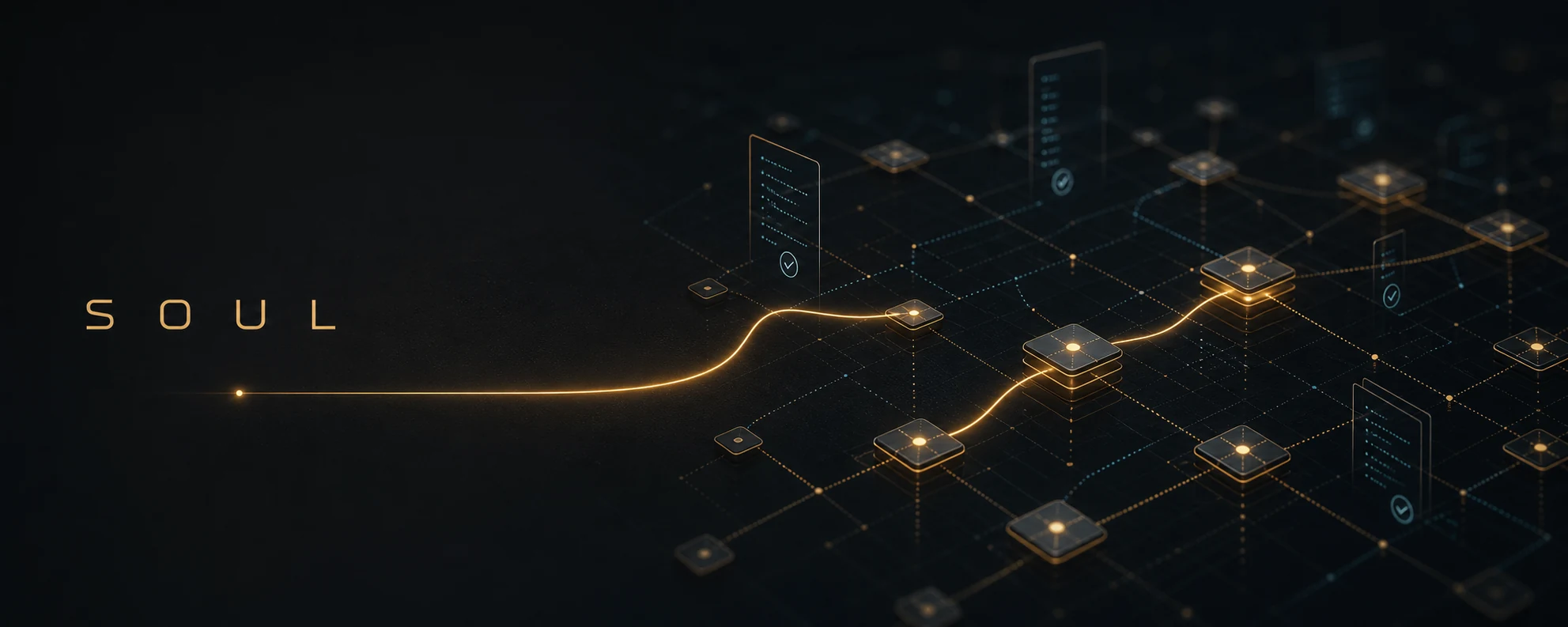 Abstract Soul ledger network connecting memory, decisions, evidence, and outcomes